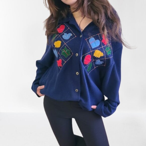 Vtg 80s Teddi Folk Art Appliqué Graphic Cardigan Women’s L Holiday Grandmacore - Picture 1 of 6